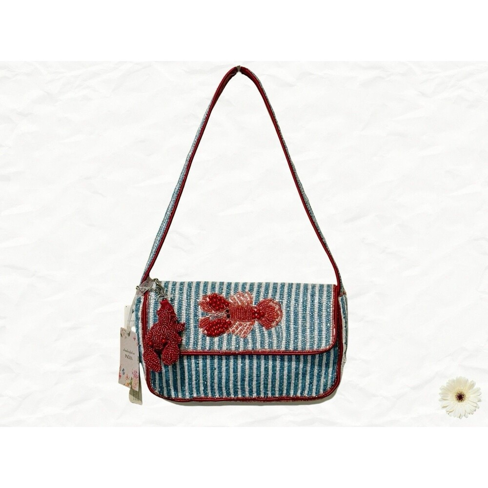 Handcrafted Beaded Red Lobster Shoulder Bag Purse Blue & White Striped NWT